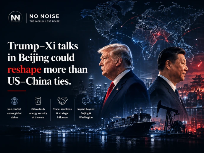 Read the full editorial on the Trump–Xi Beijing summit and rising global tensions Editorial illustration of Donald Trump and Xi Jinping during high-stakes diplomatic talks in Beijing