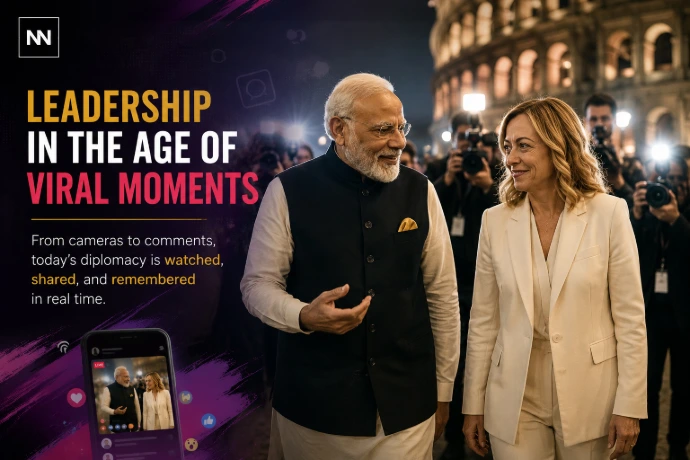 The Rome meeting highlighted how diplomacy and political imagery now shape global perception. Narendra Modi and Giorgia Meloni during a diplomatic meeting in Rome reflecting modern political optics and international relations.
